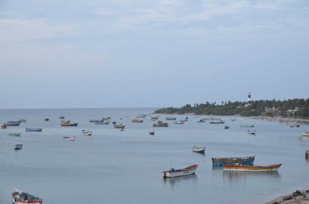 pexels photo 13281524 13281524 Colorful fishing boats anchored on calm ocean waters near a scenic coastline with clear skies.