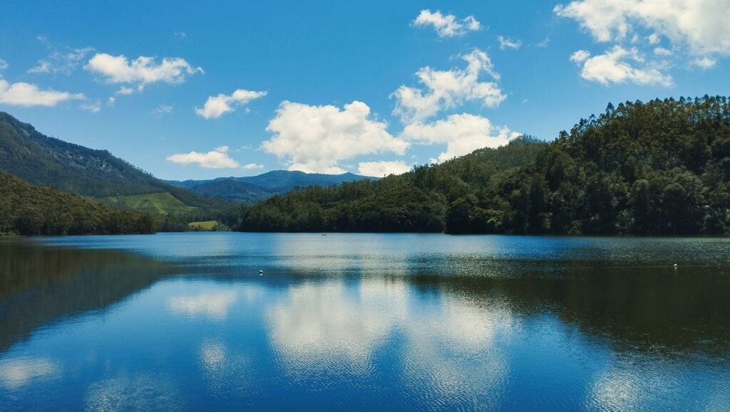 MUNNAR Serene landscape of lake reflecting clouds and dense forest, Munnar, India