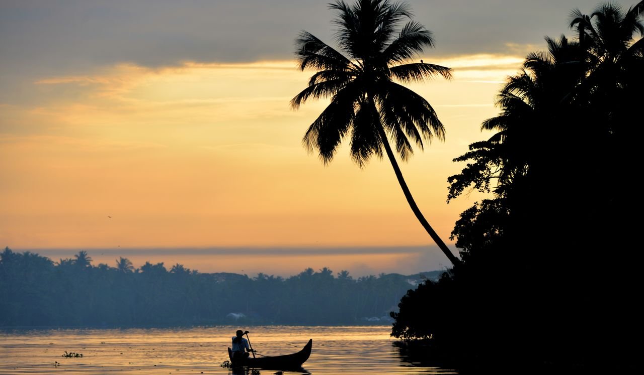 portfolio-06 Captivating sunset over Kerala's backwaters, silhouette of canoe and palm trees.